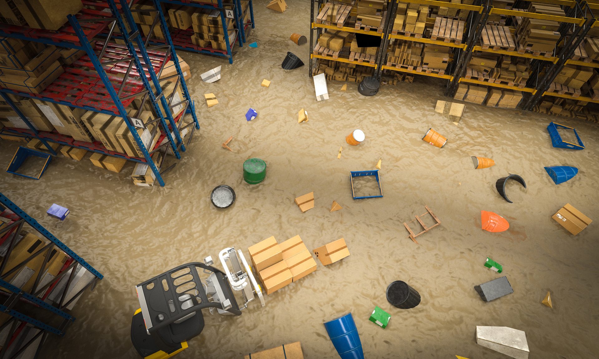 A flooded warehouse seen from above, with boxes, racking and a forklift standing in brown floodwater