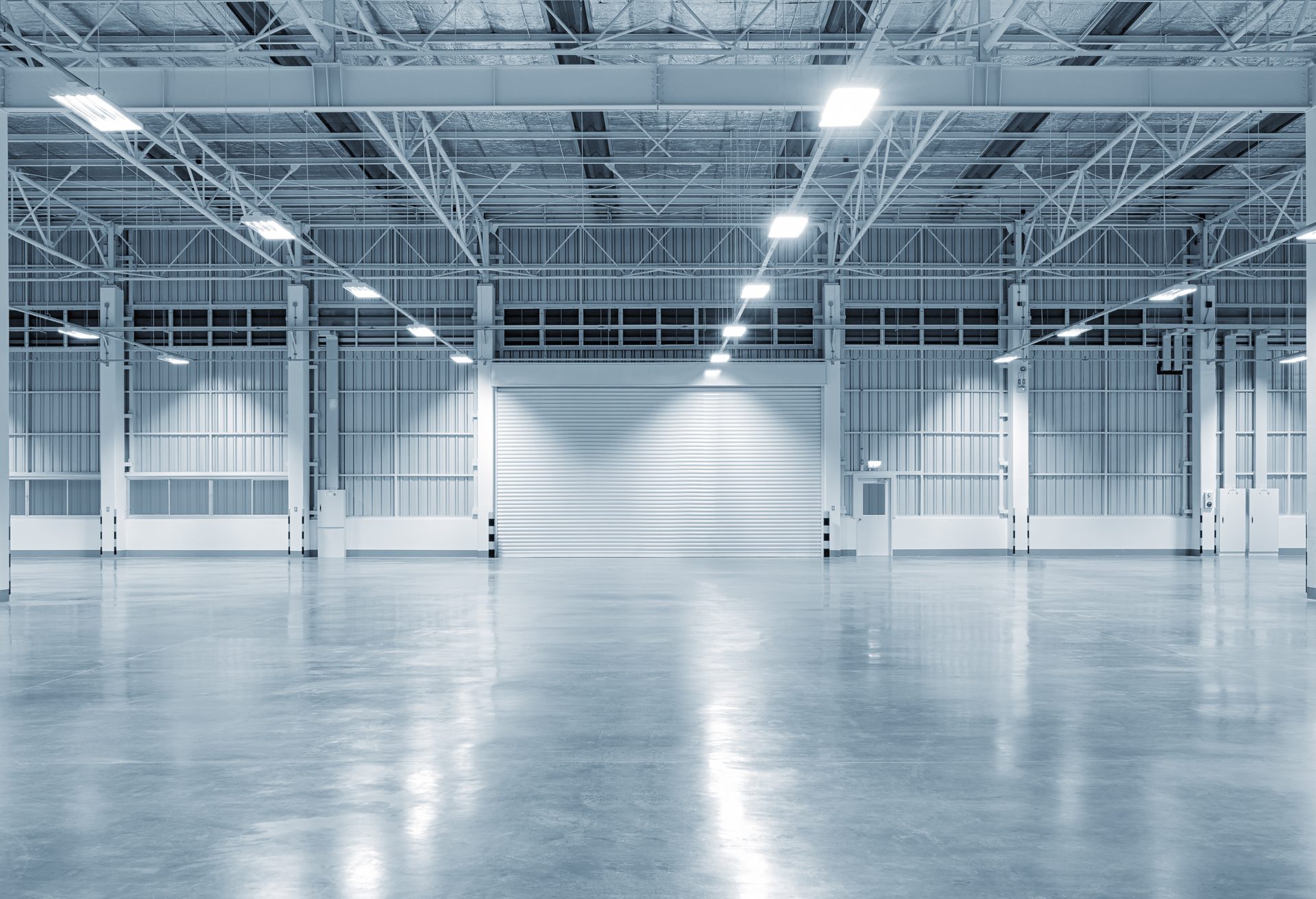 An empty warehouse with a polished grey concrete floor under rows of overhead lights, a roller door at the far end